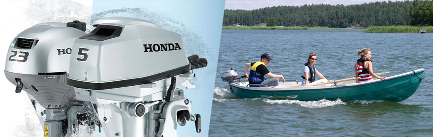 Links: 2 Honda Marine-Motoren Rechts: Boot mit Honda Motor, Einsatz nach Modell, am See