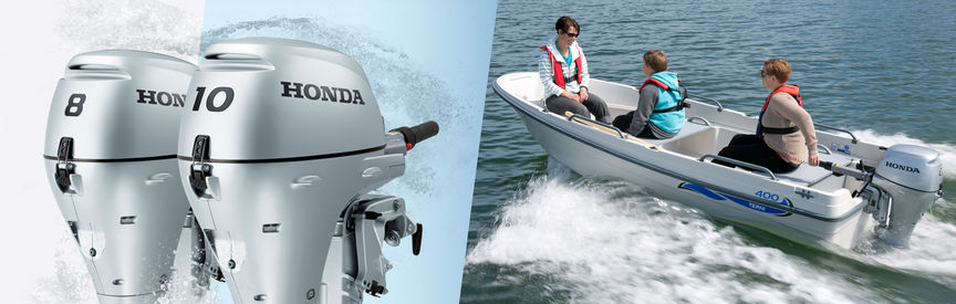 Links: 2 Honda Marine-Motoren Rechts: Boot mit Honda Motor, Einsatz nach Modell, an der Küste