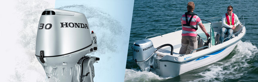 Links: Honda Marine-Motor Rechts: Boot mit Honda Motor, Einsatz nach Modell, an der Küste