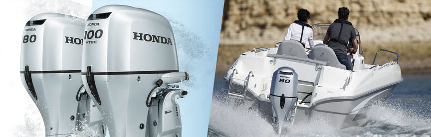 Links: 2 Honda Marine-Motoren Rechts: Boot mit Honda Motor, Einsatz nach Modell, an der Küste