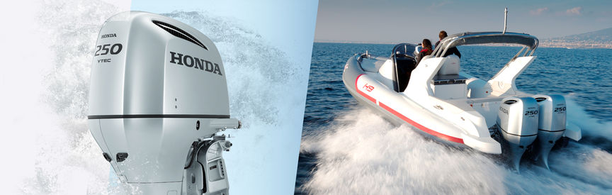 Links: Honda Marine-Motor Rechts: Boot mit Honda Motor, Einsatz nach Modell, an der Küste
