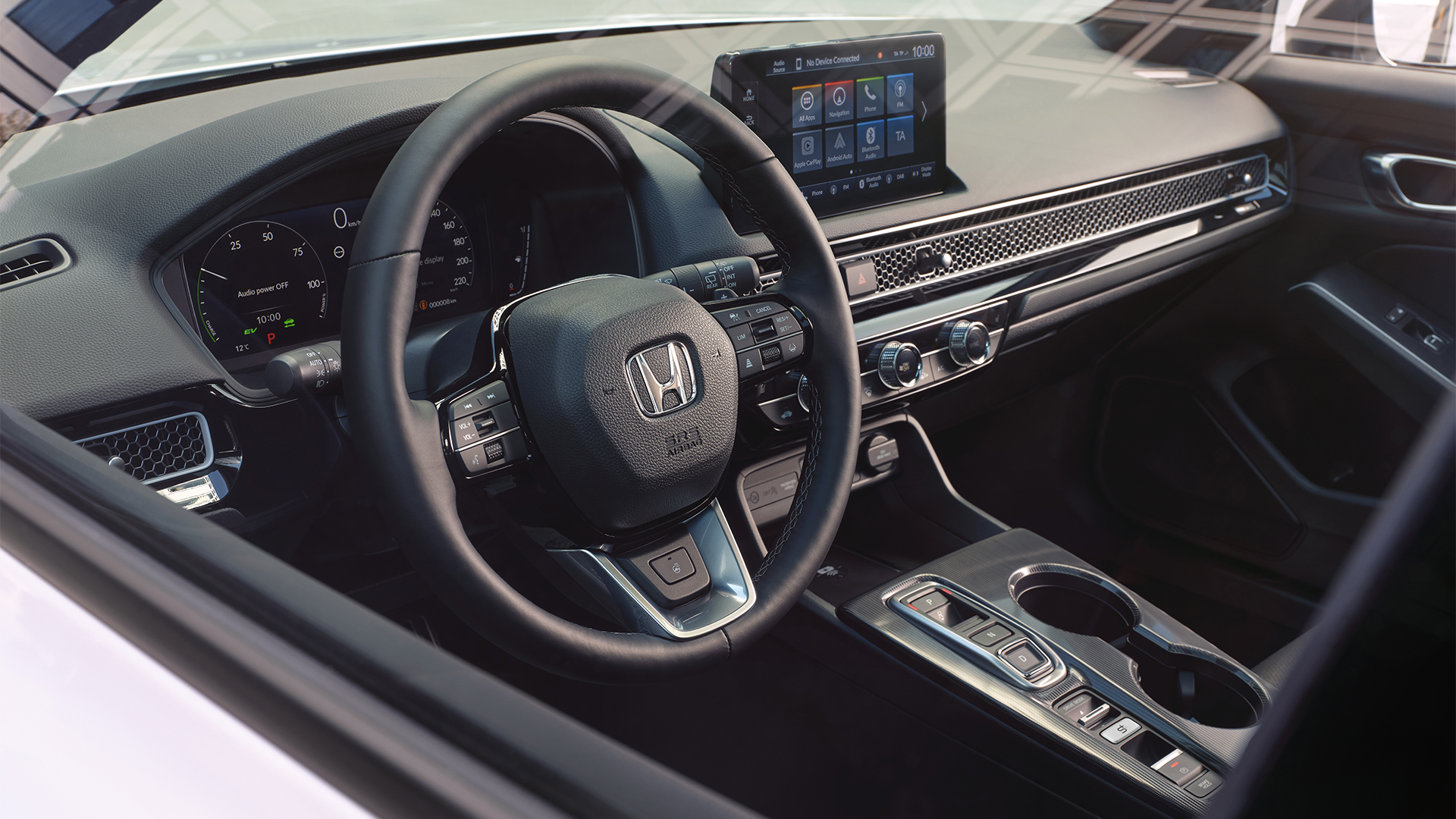 Seitenansicht des Innenraums des Honda Civic Hybrid mit Fokus auf dem Lenkrad.