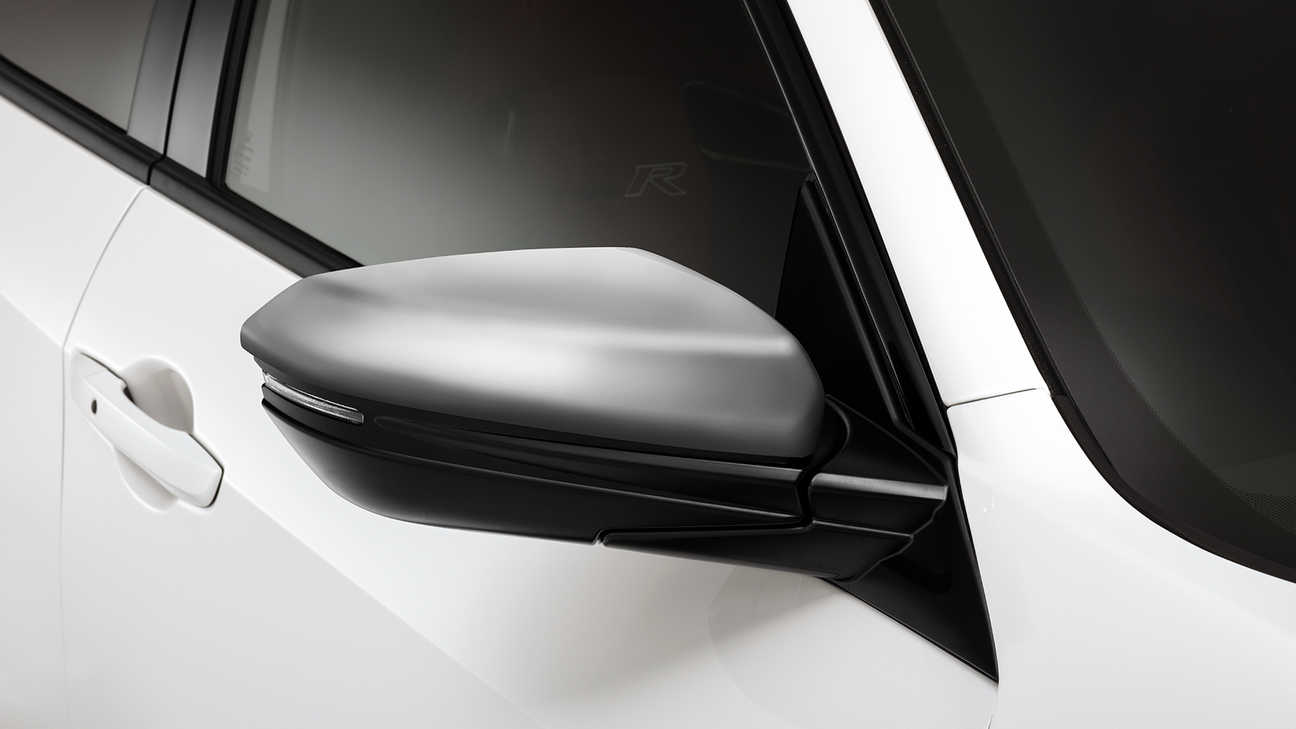 Nahaufnahme der silbernen Premium-Türspiegel-Verkleidung des Honda Civic Type R.