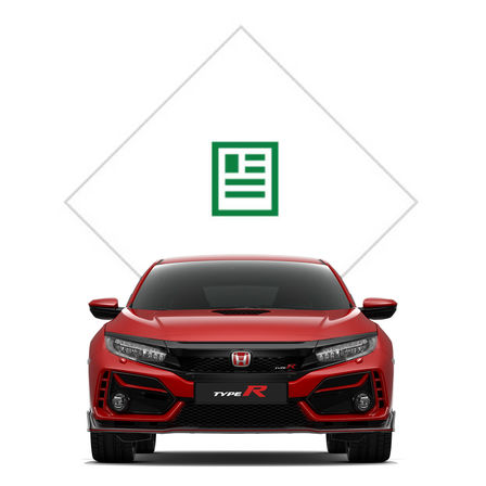 Vorderansicht des Honda Civic Type R mit Abbildung der Broschüre.