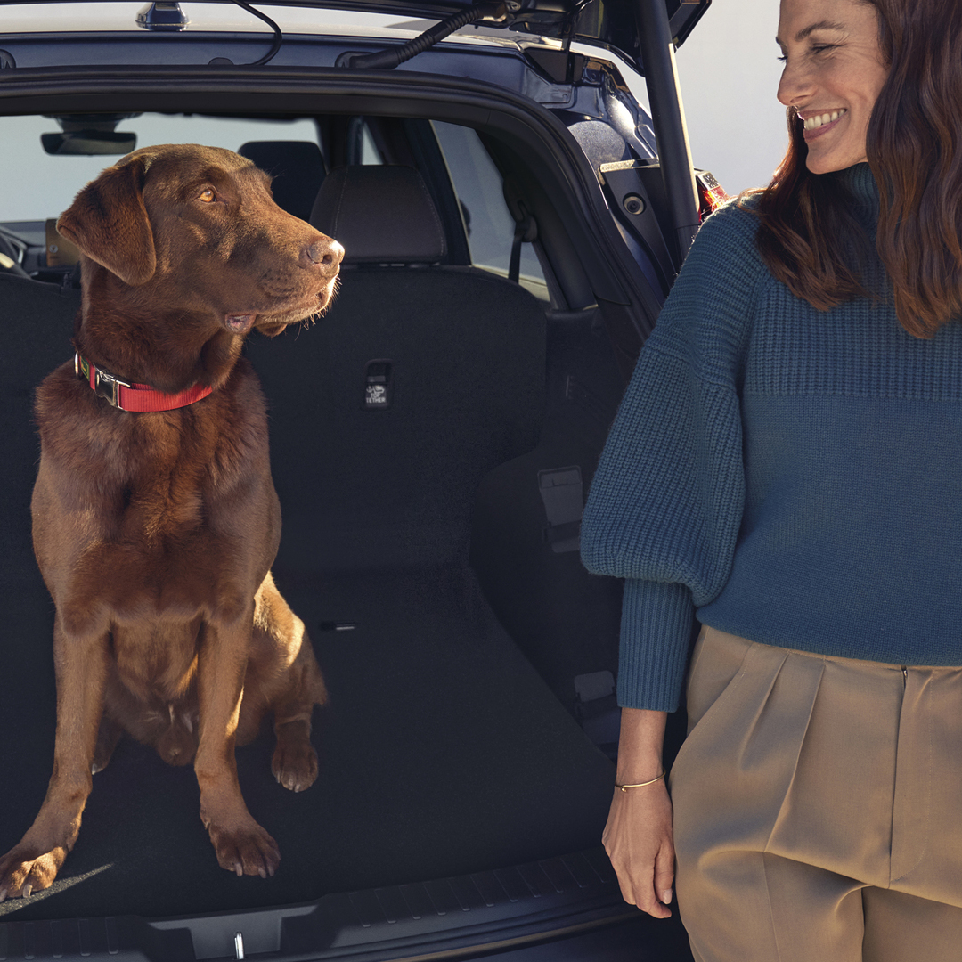 Honda CR-V Hybrid, Heckansicht mit Hund und Model im Kofferraum.