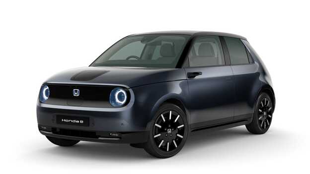 Modern Steel Metallic Honda e, 3/4-Seitenansicht.