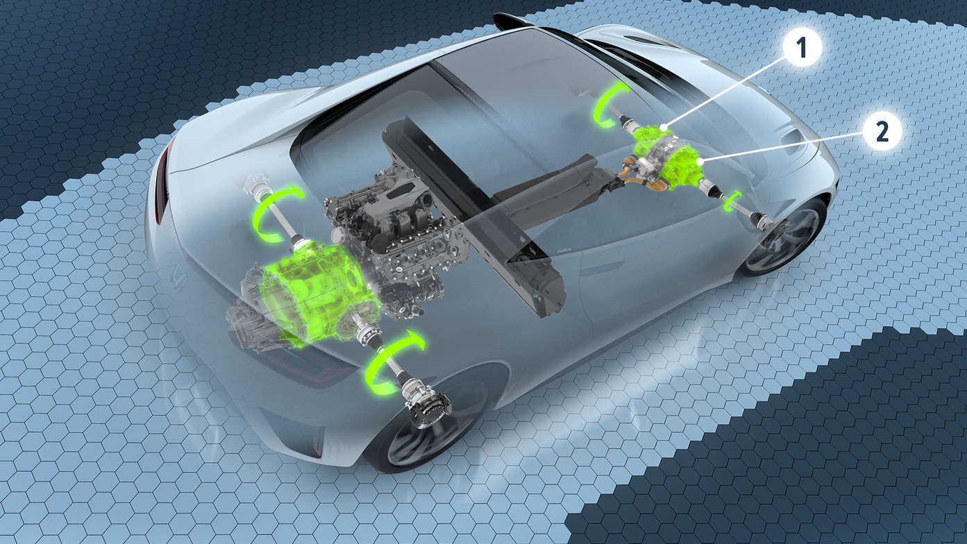 Darstellung des Honda NSX und der Doppelmotoreinheiten, die das Drehmoment der Vorderräder für Links- und Rechtskurven optimieren.
