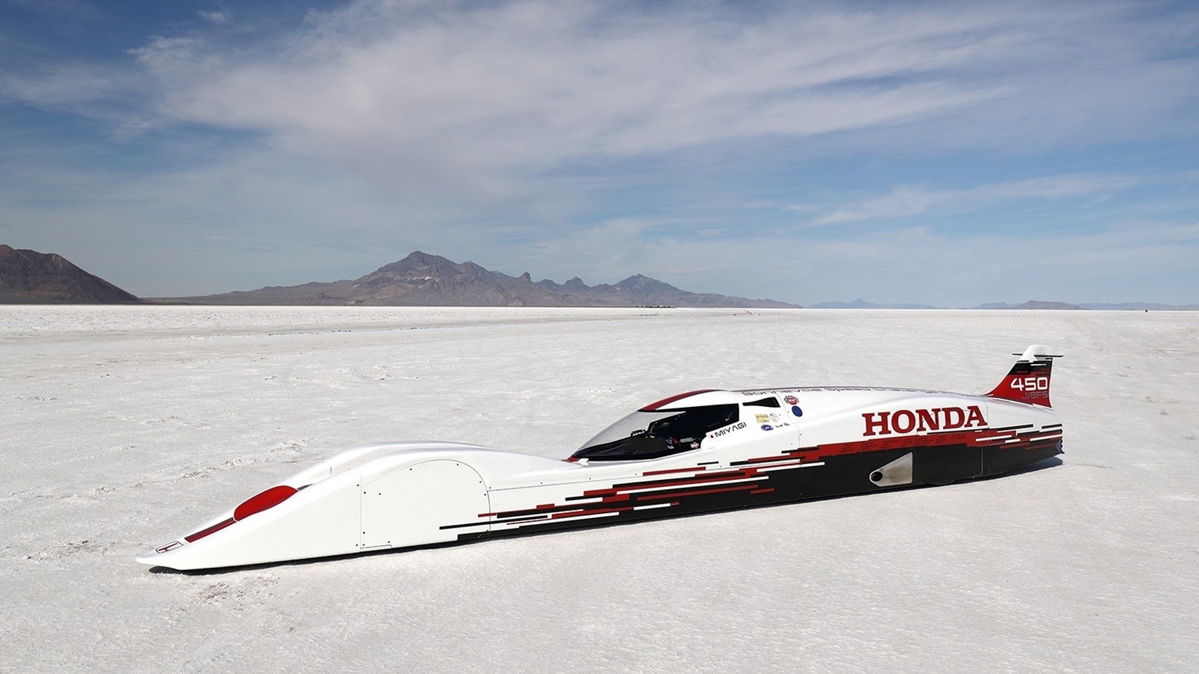 The Honda S Dream Dreamliner in the salt flats of Utah.