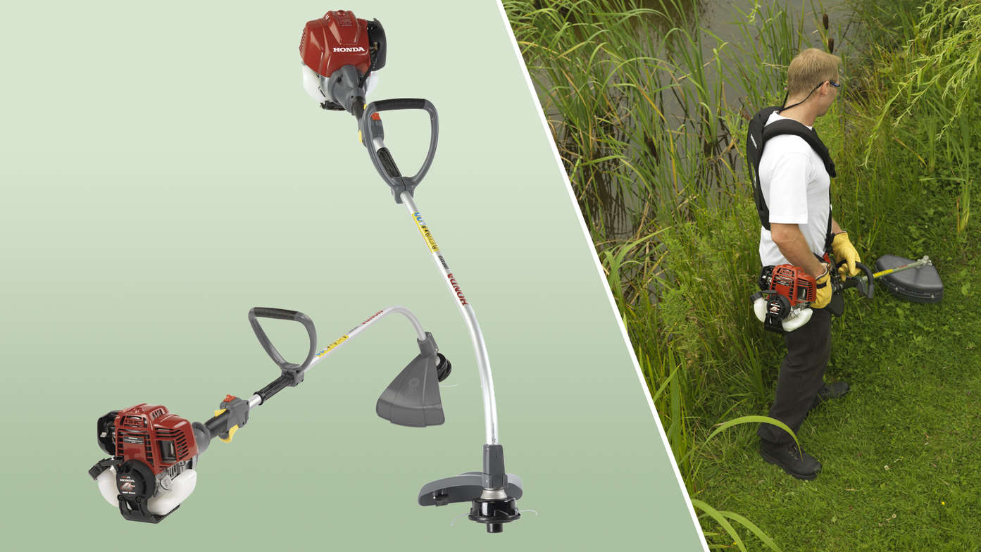 Links: 2 Honda Freischneider. Rechts: Freischneider, von Modell benutzt, Gartenumgebung.