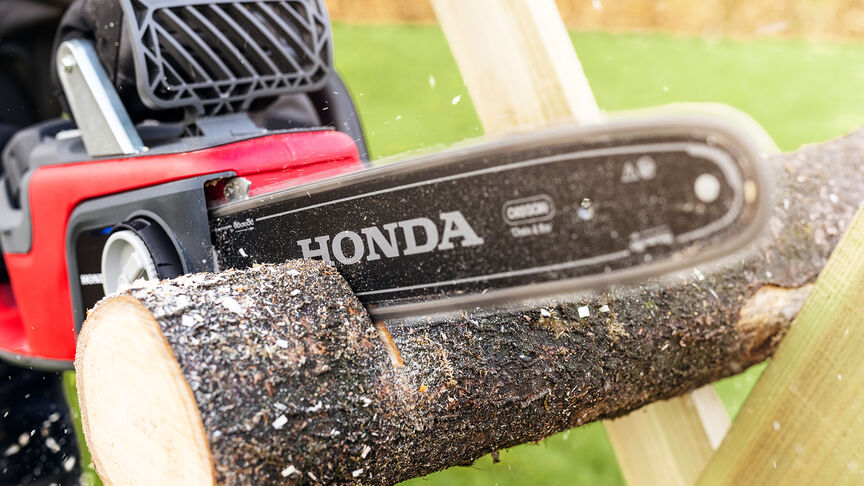 Model beim Holzschneiden mit einer Honda Akku-Kettensäge, Nahaufnahme.