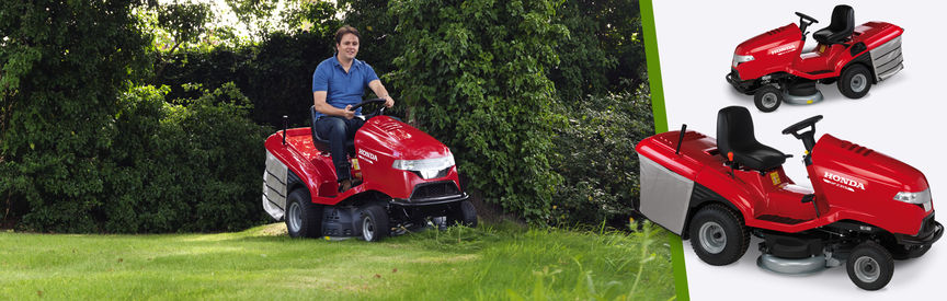 Links: Honda Rasentraktor, Verwendung nach Modell, Gartenumgebung. Rechts: 2 Rasentraktoren.