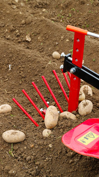 Nahaufnahme der Kartoffel-Häufelausrüstung, Gartenumgebung.