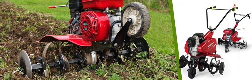 Links: Honda Kompakt-Motorhacke im Einsatz, Gartenumgebung. Rechts: 2 Honda Kompakt-Motorhacken.