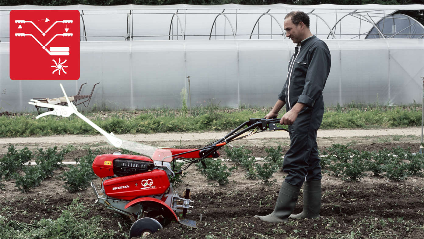 Einachsschlepper, Fokus auf dem drehbaren Holm, Verwendung nach Modell, Gartenumgebung.