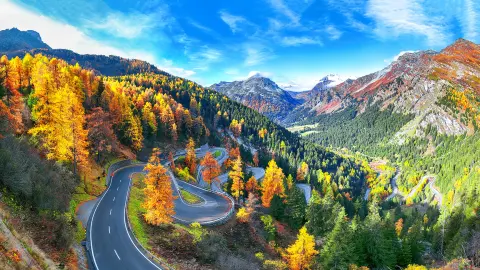 Atemberaubender Blick auf die Maloja-Passstraße im Herbst. Bunte Herbstszene in den Schweizer Alpen. Ort: Malojapass, Engadin, Kanton Graubünden, Schweiz, Europa