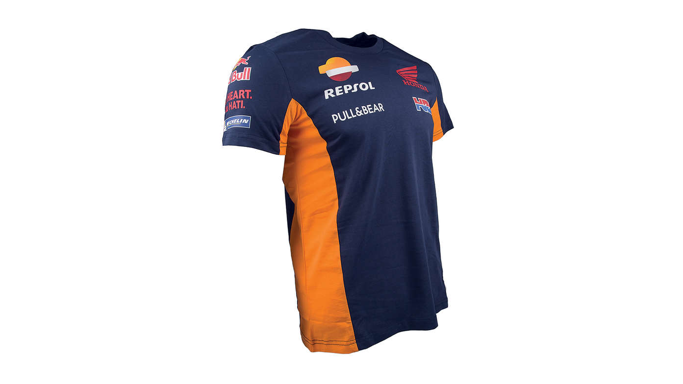 Honda Repsol-T-Shirt in Blau mit Honda Racing Corporation-Logo.