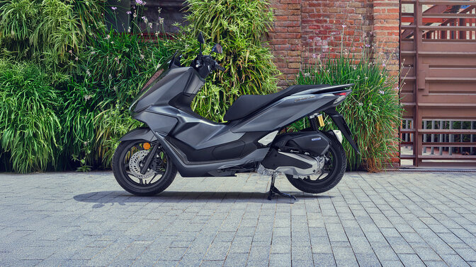 Roller PCX125, in der Nähe einer Grünanlage geparkt.