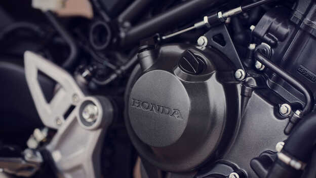 Honda CB300R, Nahaufnahme des Einzylinder-DOHC-Motors mit vier Ventilen.