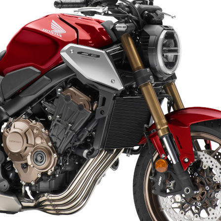 CB650R Neo Sports Café im Studio, rechte Seite, Nahaufnahme des Motors und des Vorderrads