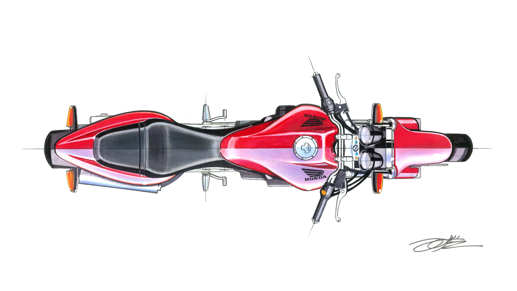 Design-Skizzen der Honda Hornet, Draufsicht.