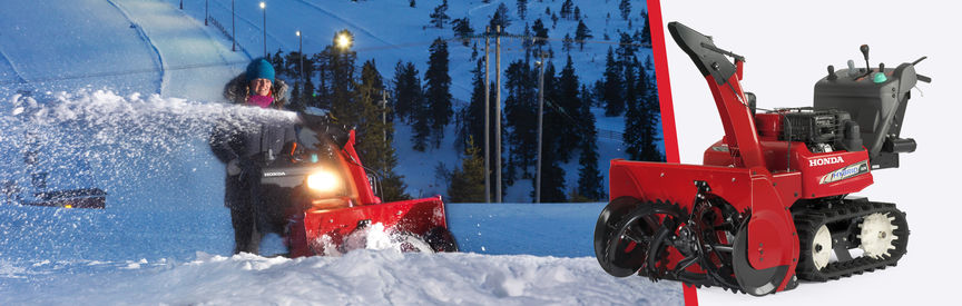 Links: Hybrid Schneefräse, Einsatz nach Modell, Berglage. Rechts: Dreiviertelfrontansicht, Hybrid-Schneefräse, nach links zeigend.