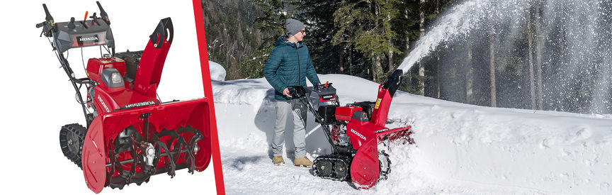 Links: Schneefräse der 13er-Serie, Dreiviertelfrontansicht, nach rechts zeigend. Rechts: Schneefräse der 13er-Serie, Einsatz nach Modell, Gartenumgebung.