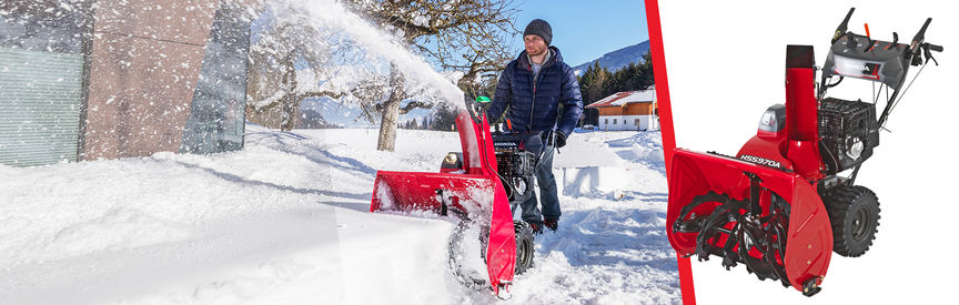 Links: Schneefräse der 9er-Serie, Einsatz nach Modell, Gartenumgebung. Rechts: Schneefräse der 9er-Serie, Dreiviertelfrontansicht, nach links zeigend.