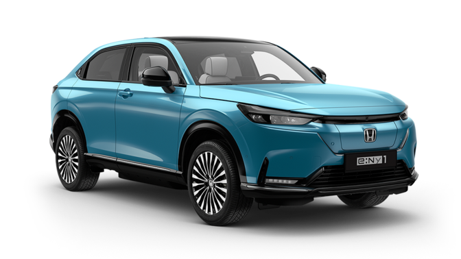 Honda e:Ny1 Advance 100% elektrisch in hellblau, Dreiviertelansicht