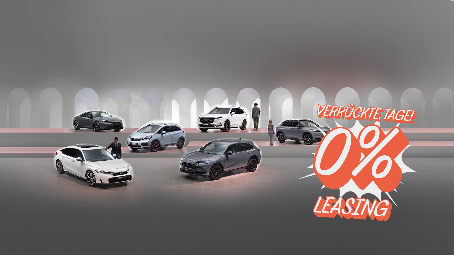 Foto der Honda-Modellpalette mit dem Text: „Verrückte Tage, 0 % Leasing“