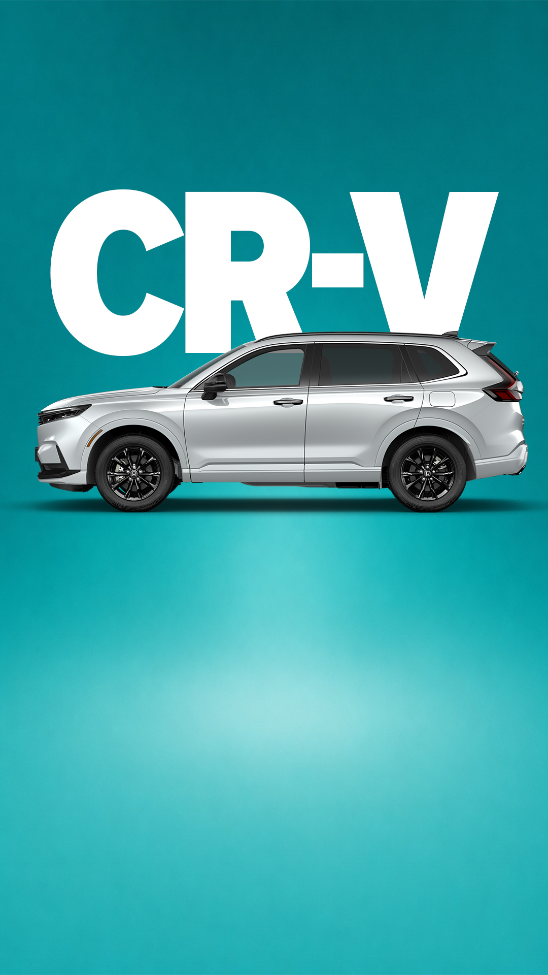 Ein weisser CR-V vor einem blauen Farbverlaufshintergrund, auf dem „CR-V“ steht