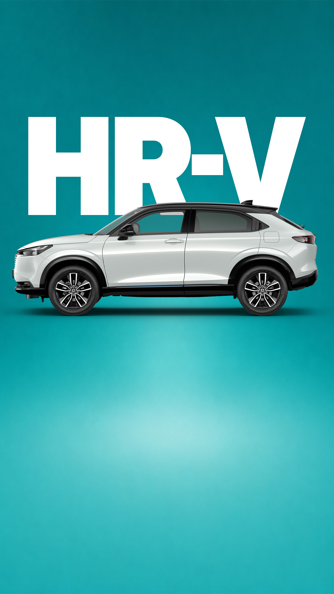 Ein weisser HR-V vor einem blauen Farbverlaufshintergrund, auf dem „HR-V“ steht