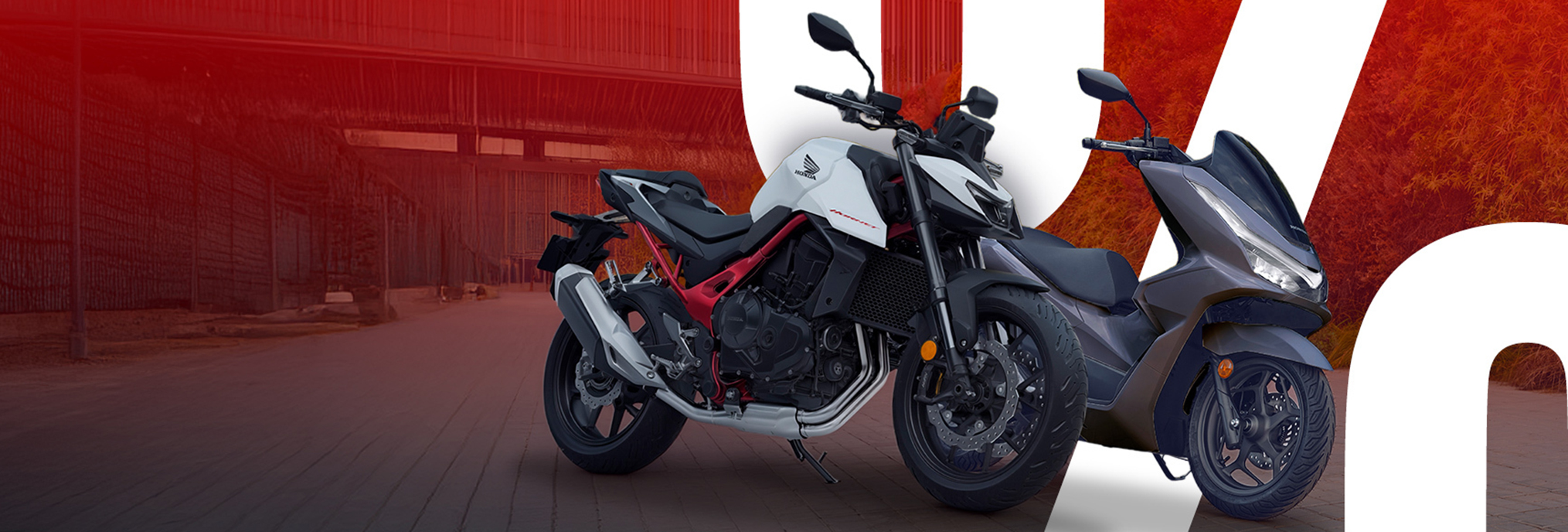 Two Honda motorcycles side by side: a white and black sporty CB1000R naked bike on the left, and a sleek gray Forza scooter on the right, against a backdrop of red and white geometric shapes.